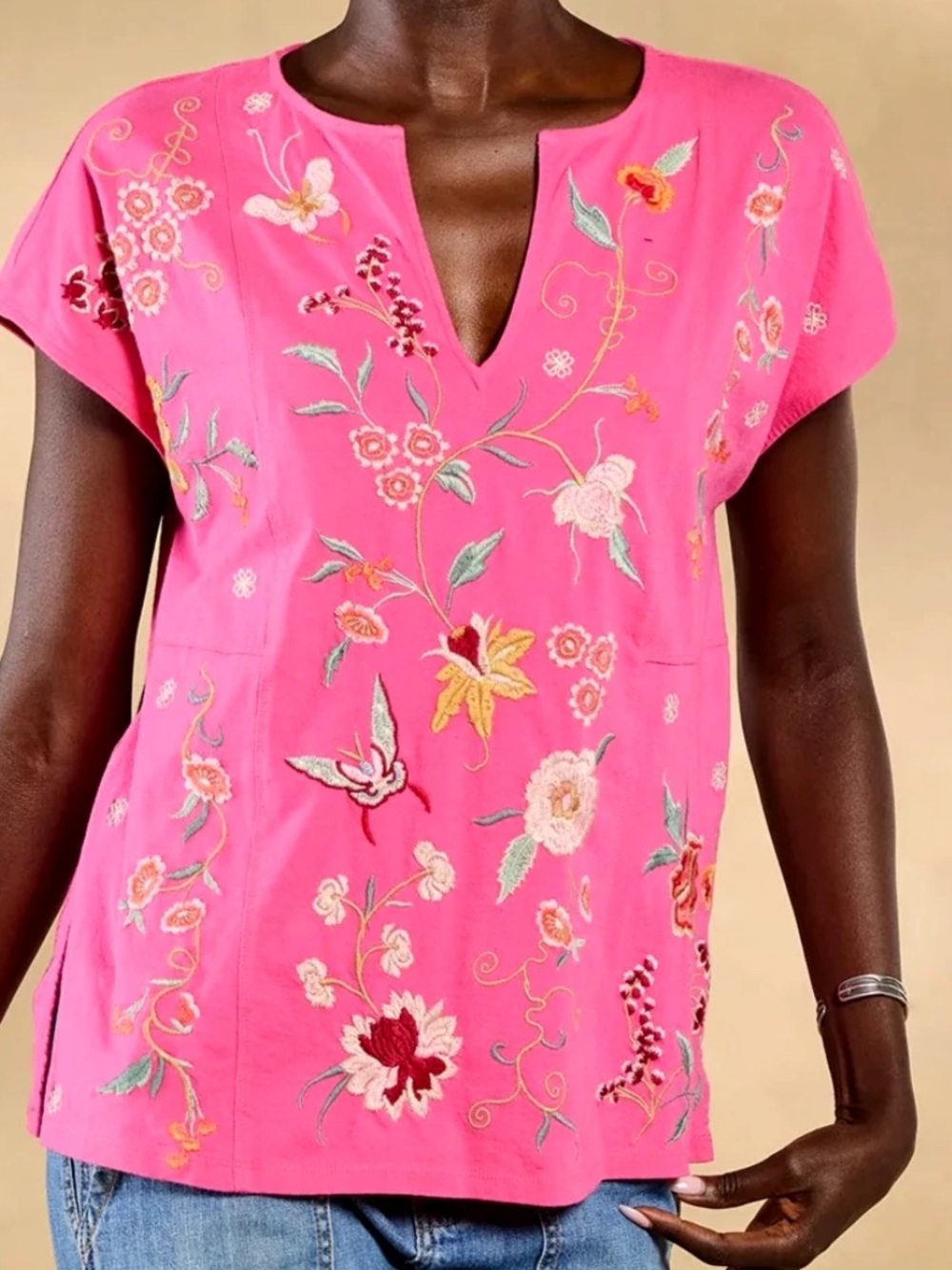 NWT Johnny Was Pink Embroidered Floral V-Neck Tunic Tee Suki Sz S
